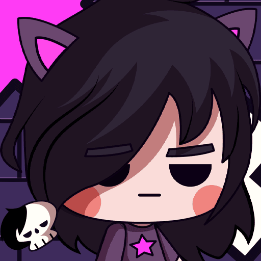 Night City mascot, a cartoon character with dark hair, cat ears, rosy cheeks, and a pink star, against a neon pink brick wall